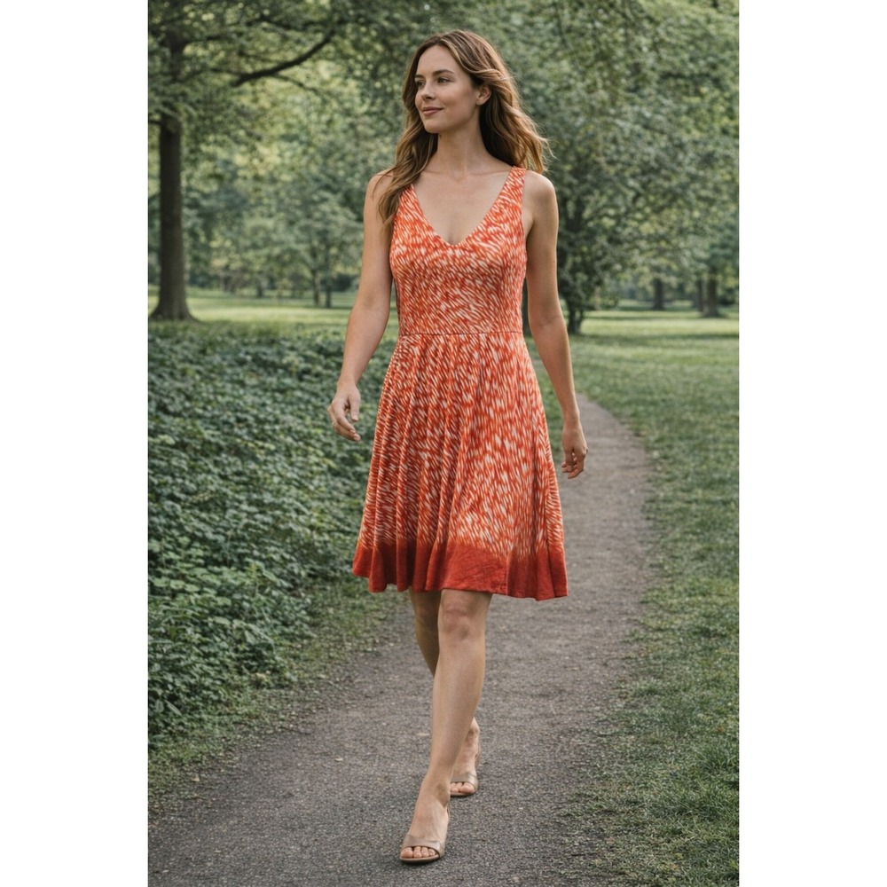 Athleta Orange White Abstract Print V‎ Neck Tank Dress Size S